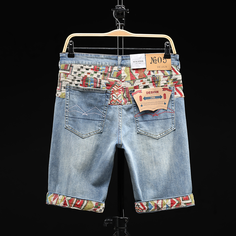 Denim Shorts Male Breaking Hole Tide Card Cloth Patch Loose Straight Cylinder 2020 New Pint Men's Outside Wearing 50% Pants 50% Pants Pure Cotton
