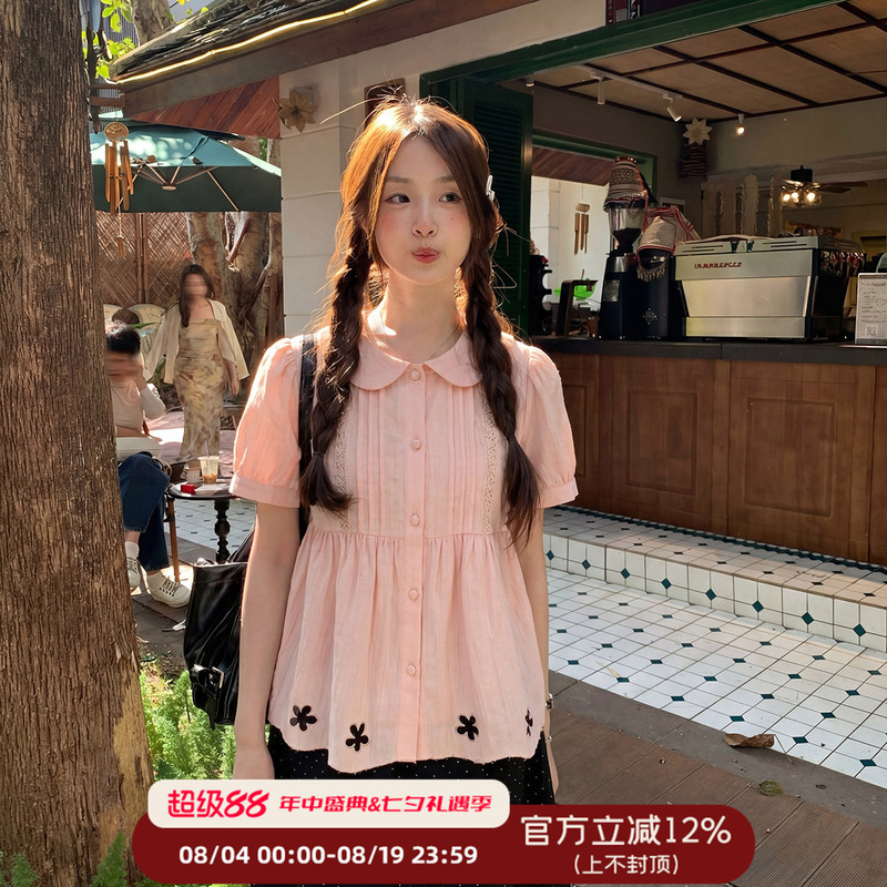 Cheese Day【Cherry Blossom Light Pink】Retro College Pink Doll Collar Embroidered Top Summer Sweet Loose Shirt Cheese Day【Cherry Blossom Light Pink】Retro College Pink Doll Collar Embroidered Top Summer Sweet Loose Shirt