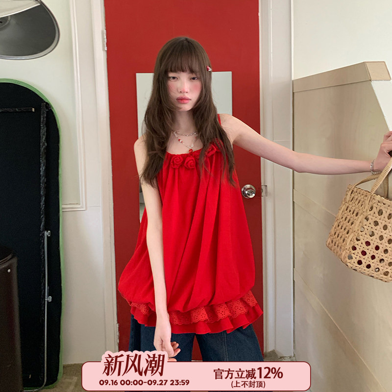 Cheese Day Sweet Loose Red Rose Niche Design Camisole Summer Pure Vacation Unique Tank Top for Women