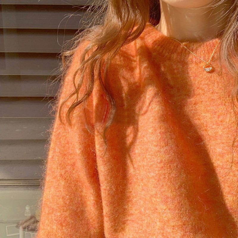 Pumpkin Orange Raccoon Fur Sweater, Autumn and Winter Women's Lazy Inner Layer Knit Top, Super Nice Orange Wool Top