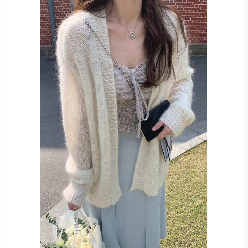 Lazy Mohair Cardigan Jacket for Women 2026 New Spring and Autumn Gentle Style Knitwear White Sweater Shawl Outerwear