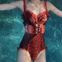  New Korean one-piece swimsuit female triangle sexy solid color lace fairy fan belly cover thin hot spring swimming suit