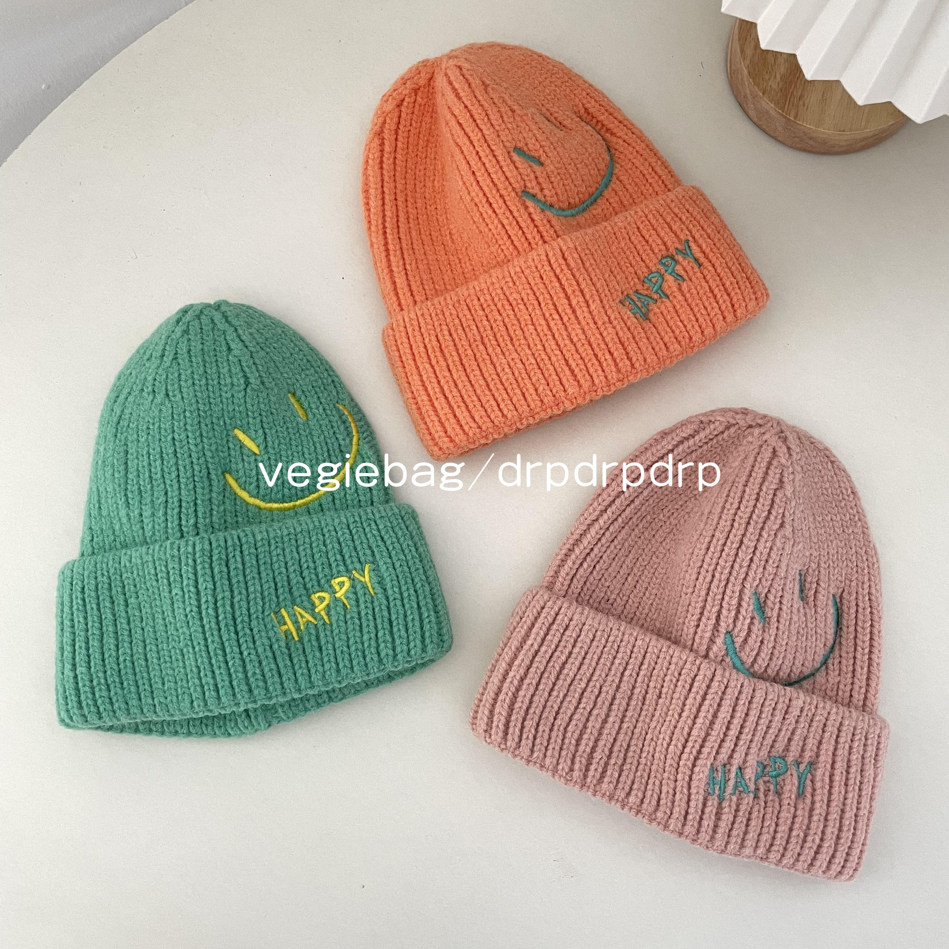 vegiebag smiley face children's wool hat autumn and winter warm all-match baby solid color embroidered tide hat pullover cap