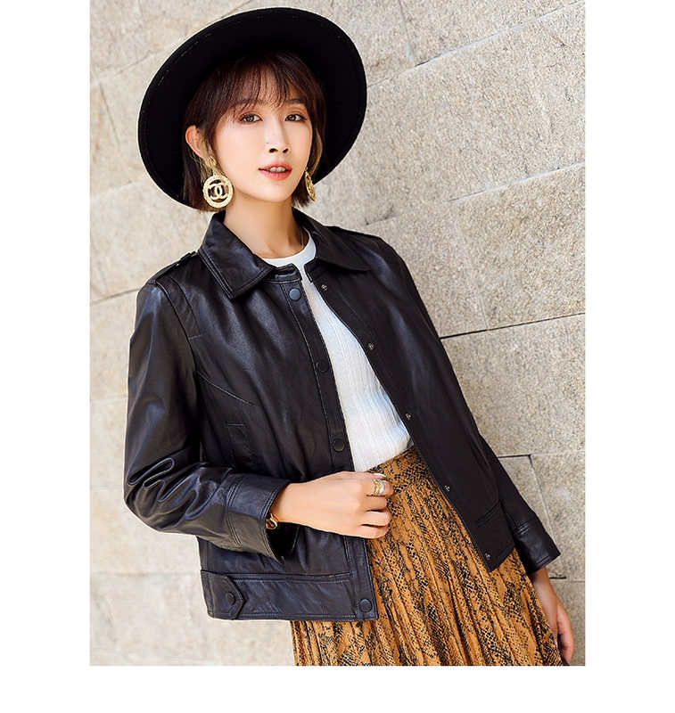 2020 Hained New Leather Women Short Lapel Slim Sheep Leather Leather Leather Jacket - Quần áo da