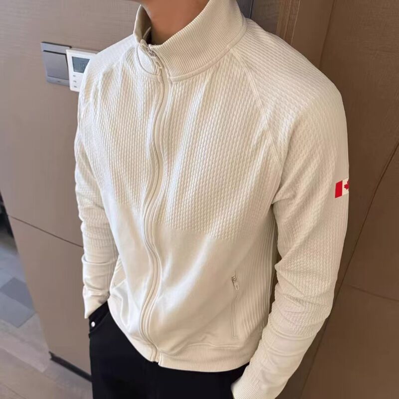 Lu Same Style Canadian Stand-Up Collar Zipper Sweatshirt Textured Sports Casual Outdoor Fitness Cardigan Jacket for Men