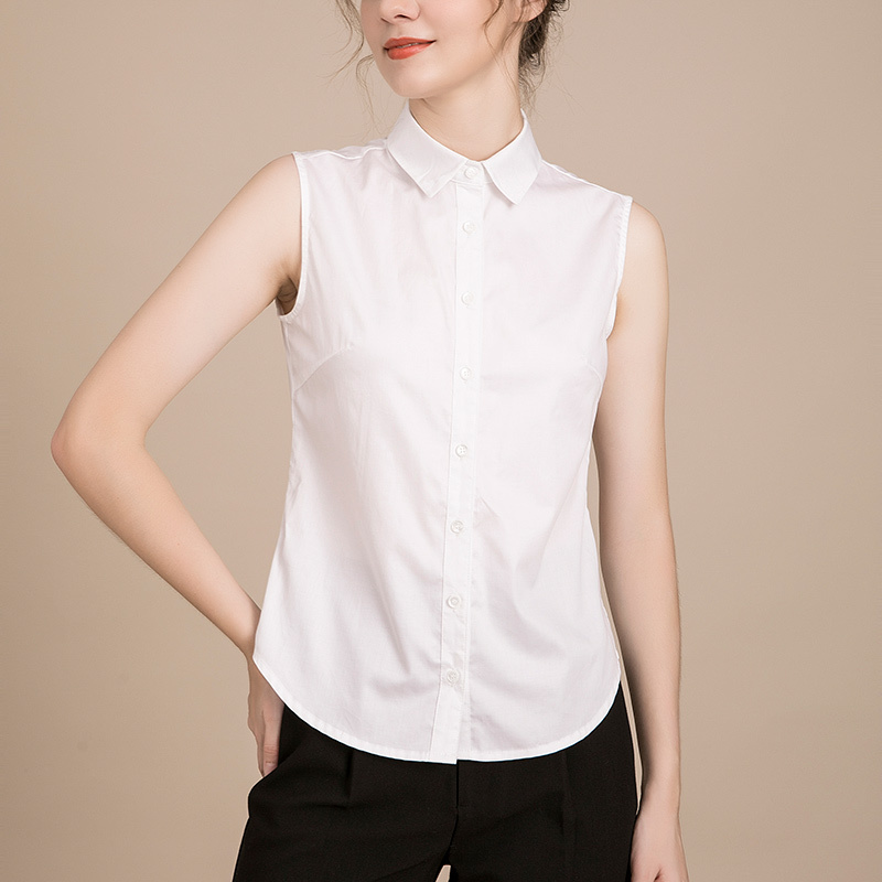 2023 Women's Pure Cotton Sleeveless Shirt, Versatile White Pointed Collar Base Shirt for Spring and Autumn, Sleeveless Winter Top, Korean Style
