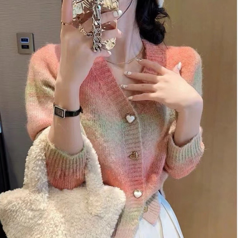 Korean Style Outfit Influencer Gradient Color Slim Fit Jacket Knitted Cardigan Sweater Color-Blocking Stylish Waist-Cinching Top for Women