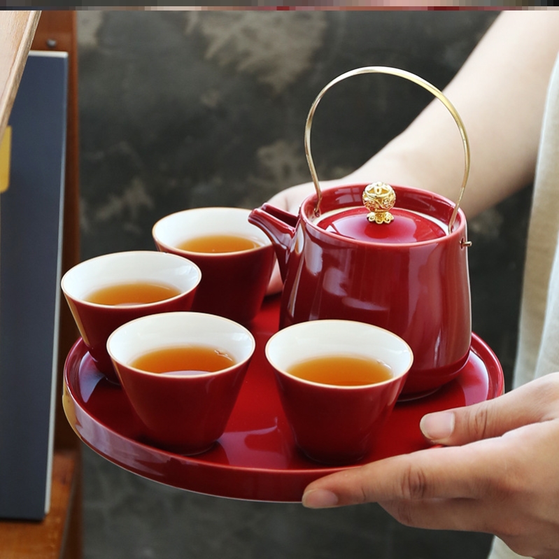 Marriage to teacup set ceramic tea set Chinese wedding teapot red teapot household wedding wedding gift