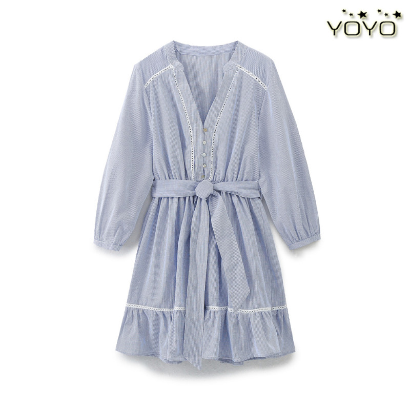 Yoyo European and American Style Foreign Trade Women's Clothing New 2024 Vertical Lace Trim Striped Mini Dress 3210788