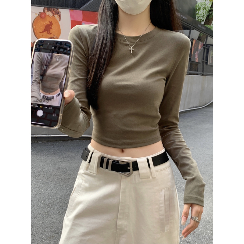American-Style Spicy Girl Round-Neck Regular Shoulder Slim-Fit Base Shirt for Women, Spring Simple Crop Top with Exposed Navel, Short Inner Wear Long-Sleeve T-Shirt