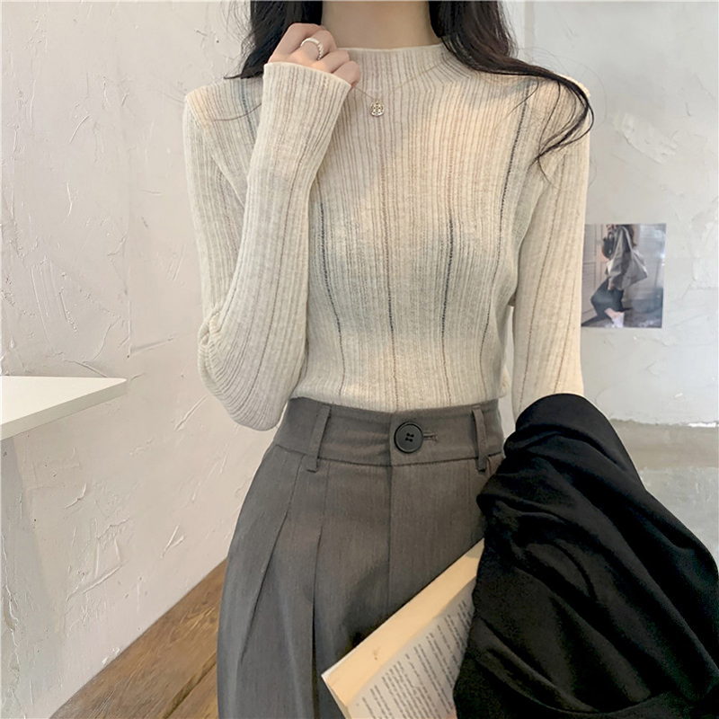 French-Style Design, Thin Half-High Collar Long-Sleeve Knit Top for Women, Spring and Autumn, Slightly See-Through, Sexy and Pure Desire Base Layer French-Style Design, Thin Half-High Collar Long-Sleeve Knit Top for Women, Spring and Autumn, Slightly See-Through, Sexy and Pure Desire Base Layer