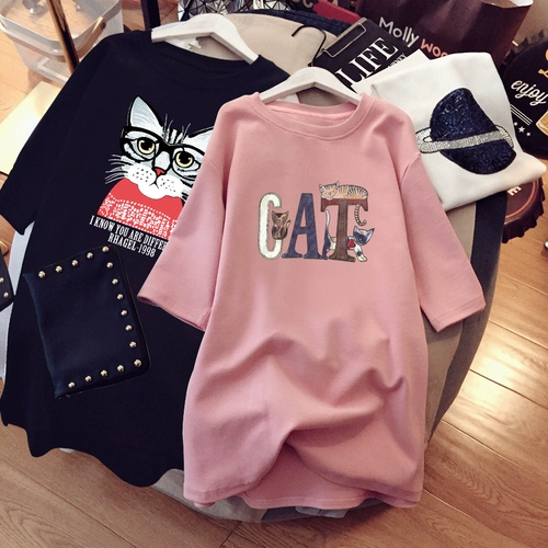 Модная хлопковая летняя одежда для беременных, длинная футболка с коротким рукавом, коллекция 2022, средней длины