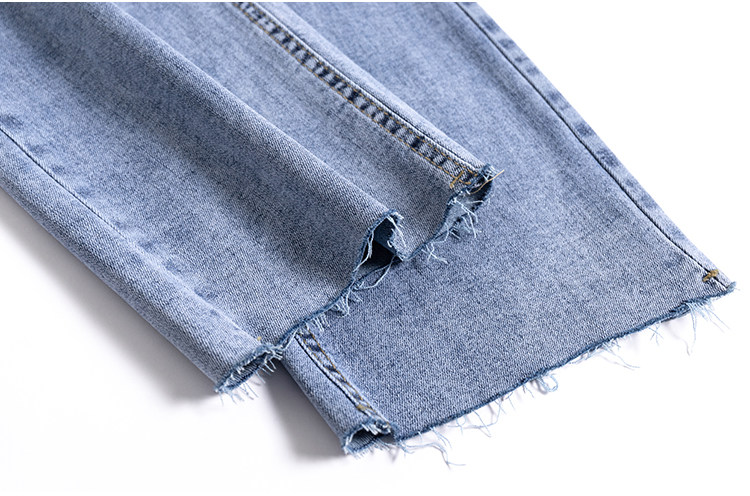 女式夏季薄款直筒牛仔长裤弹性修身带宽松毛边裤脚高腰显高腿长浅详情5