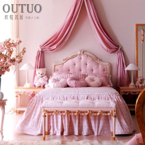 Pure solid wood childrens bed Princess bed European carved custom 1 35 meters pink girl bed master bedroom high Box storage bed