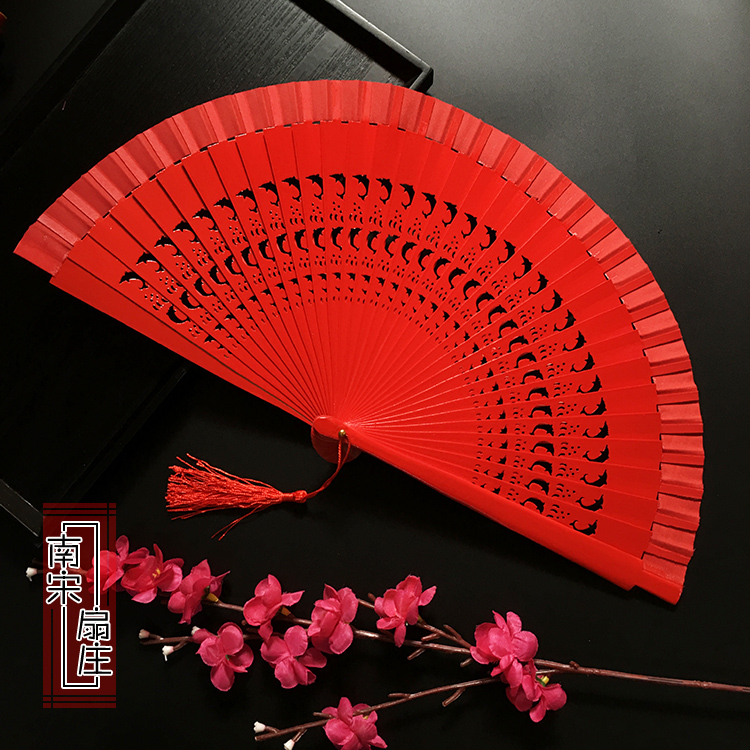Red dance fan double-sided pattern Spanish wooden fan dance fan cheongsam catwalk performance fan wedding celebration red fan