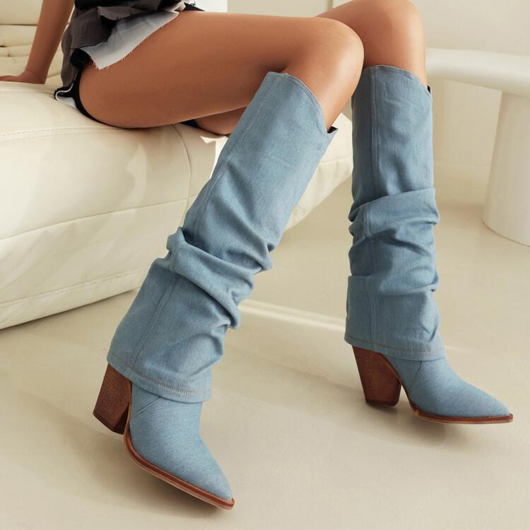 Denim Blue Slouchy Boots for Women 2024 Autumn and Winter New Style Slimming Korean Style Pointed Toe Chunky High Heel Slim Boots Long Boots