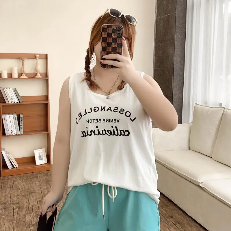 Plus-Size Women's 150kg Extra-Large Loose Casual Sleeveless Vest Korean Style Body-Covering Versatile Base T-Shirt Women's Top for Outerwear