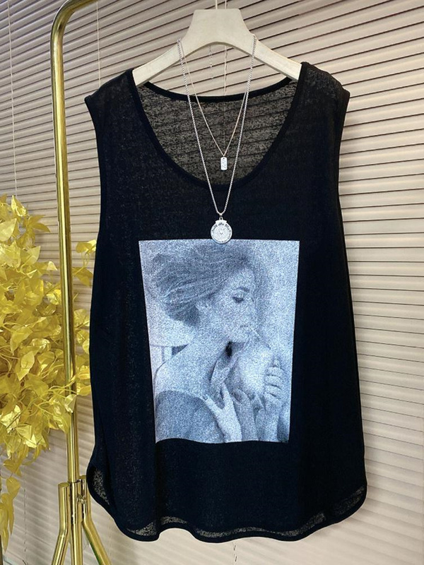 Plus-Size Fashion American-Style Mid-Length Sleeveless Tank Top T-Shirt for Women, Summer Casual Loose Fit Tummy-Covering Top 150kg