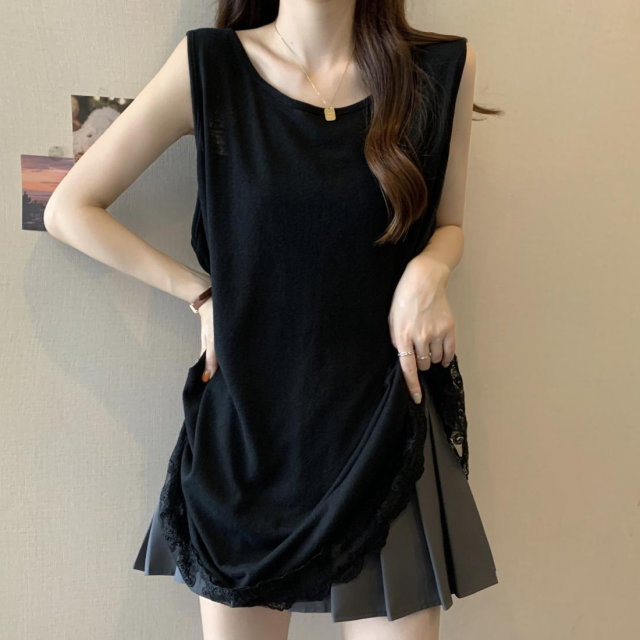 Large size solid color sleeveless vest mid-length lace splicing