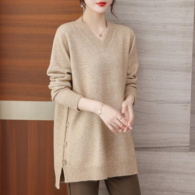 Mid-Length Solid Color V-Neck Knit Sweater for Women, Autumn and Winter Long-Sleeve, Plus Size for Chubby Women, Slimming, Loose, Hip-Covering Sweater