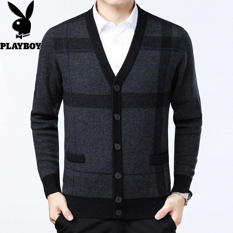 Áo len nam cổ chữ V của Playboy Áo len dài tay Áo len dệt kim của cha - Cardigan