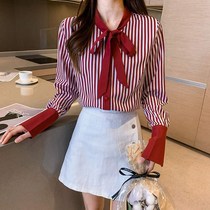 Vintage port flavor striped womens shirt womens long-sleeved 2020 autumn new design bow foreign style top women