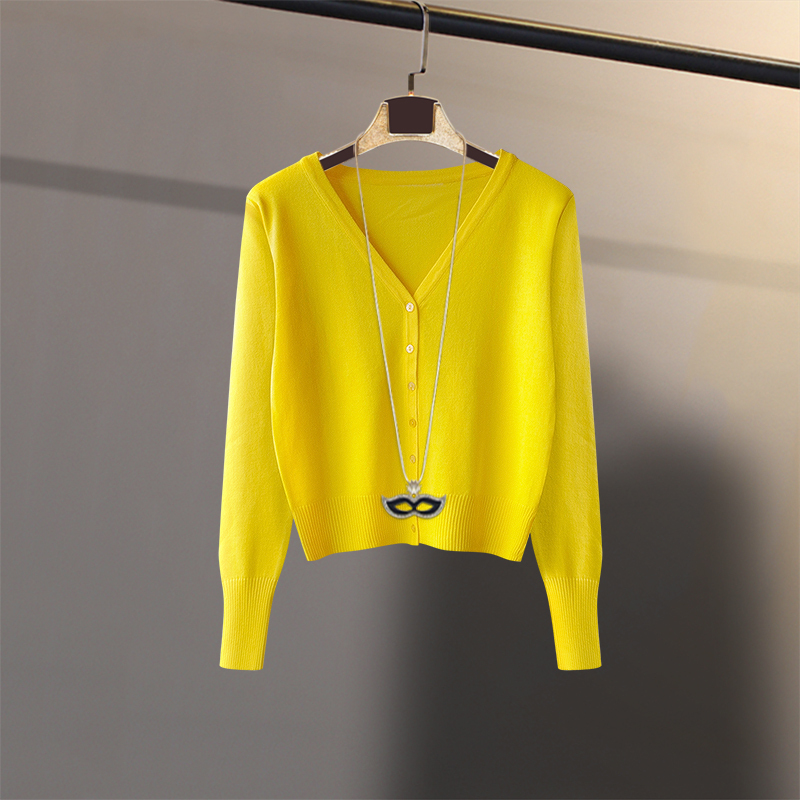 2026 Korean Style Knitted Cardigan for Women, Thin V-Neck Vintage Autumn Style, Versatile Pure Yellow Small Jacket, Trendy Hong Kong Style