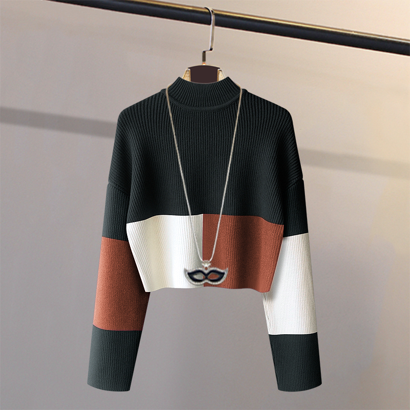 2023 Retro Color-Blocked Thick Knit Sweater for Women, Autumn and Winter Knitwear, Slimming, Loose, Short, Pullover Top for Outerwear 2023 Retro Color-Blocked Thick Knit Sweater for Women, Autumn and Winter Knitwear, Slimming, Loose, Short, Pullover Top for Outerwear