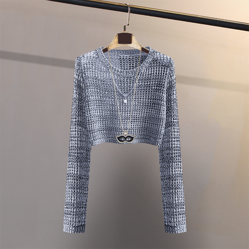 Retro Knitted Sweater for Women, Summer Ultra-Short High-Waisted Pullover, Cut Out Mesh Blouse, Long-Sleeved Top with Skirt, Outer Top