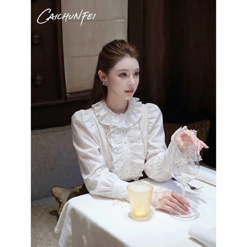 2026 New Autumn High-End French Style Unique Beautiful Fashionable White Lace Trim Blouse Top 2026 New Autumn High-End French Style Unique Beautiful Fashionable White Lace Trim Blouse Top