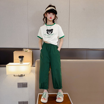 Girls' suit summer 2023 new middle and big children's Korean version of the cartoon short-sleeved little girl casual summer two-piece suit trendy