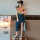 Girls denim suit skirt summer 2023 new big boy girl foreign style short-sleeved children's skirt two-piece set