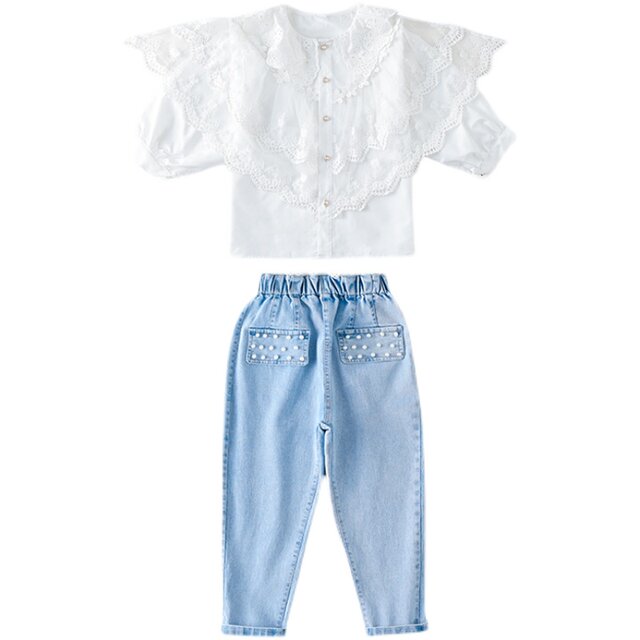 Girls Spring and Autumn Denim Suit Net Red 2023 New Super Western Style Girls Lace Shirt Jeans Two-piece Set