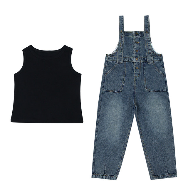 Girls denim overalls suit spring and autumn 2023 new middle and big children Korean version fashionable Han Fan spring two-piece set