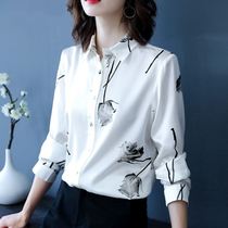 2021 New Early Autumn Silk womens shirt long sleeve rose print fashion foreign style plus size satin top