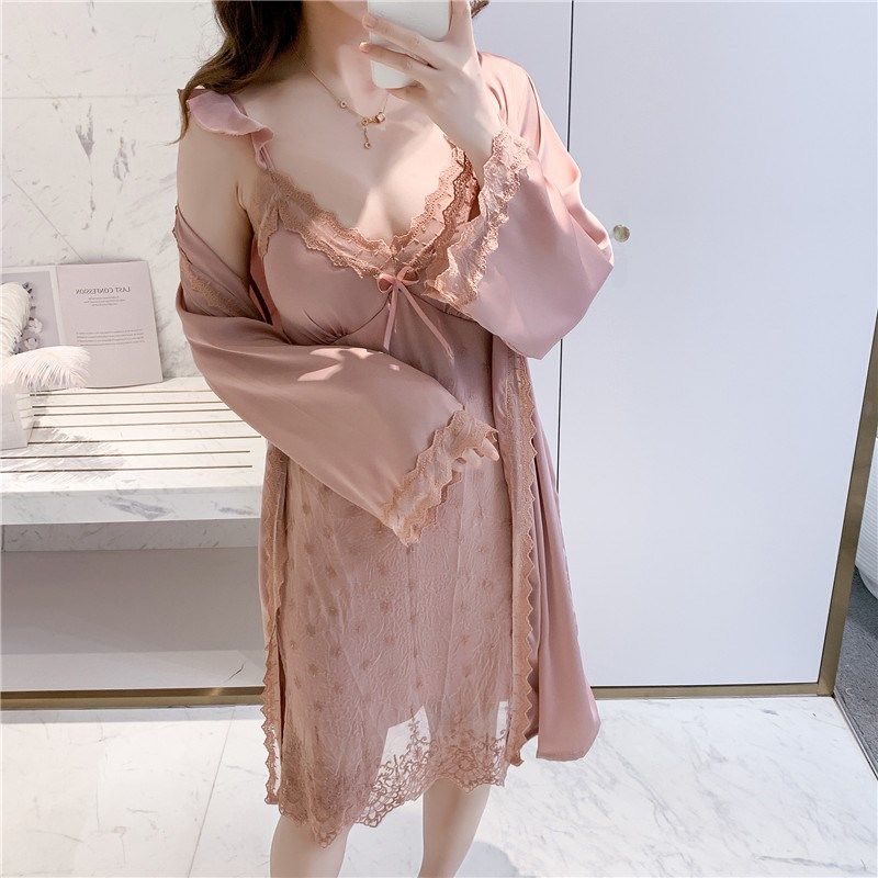 Vimixiang Sexy Pyjamas Woman Summer Real Silk Sweet Mermaid Chest Cushion Sleeping Dresses Sleeping Robes Spring And Autumn Private Home Clothes
