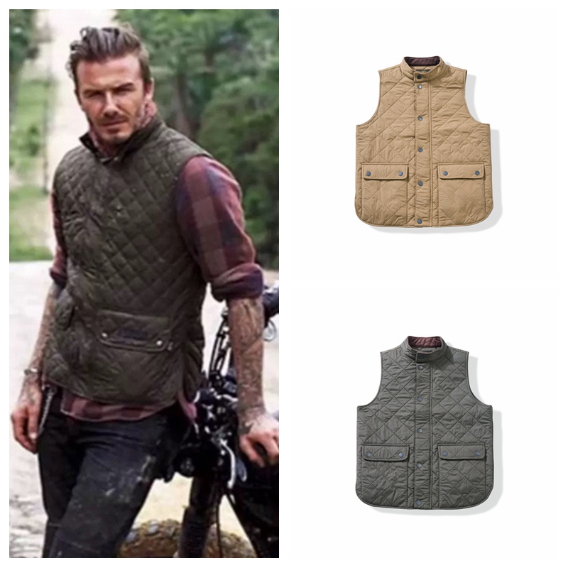 American Vintage Retro Corduroy Stand-Up Collar Thick Quilted Padded Vest for Men, Versatile Diamond Pattern Outdoor Vest