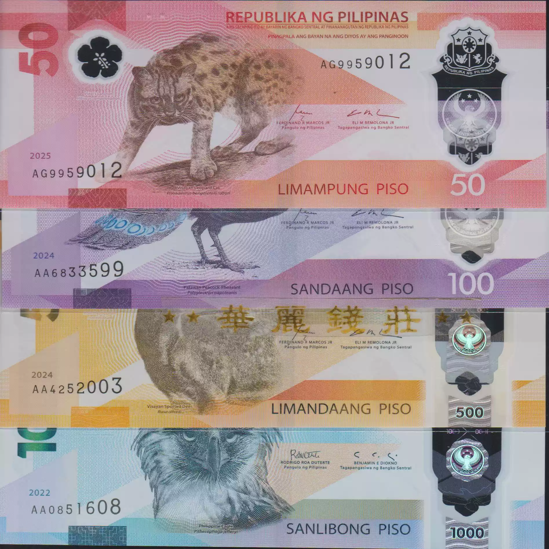 2024菲律宾塑料钞全套50 100 500 1000 AA冠亚洲钱币外国纸币