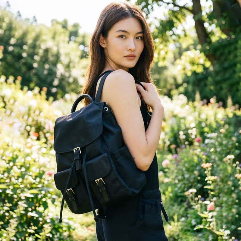 Mouse Goods Tb Black Parachute Fabric Backpack for Women, Commuting, Casual, Large Capacity, Multi-Pocket, Drawstring, Lightweight Backpack
