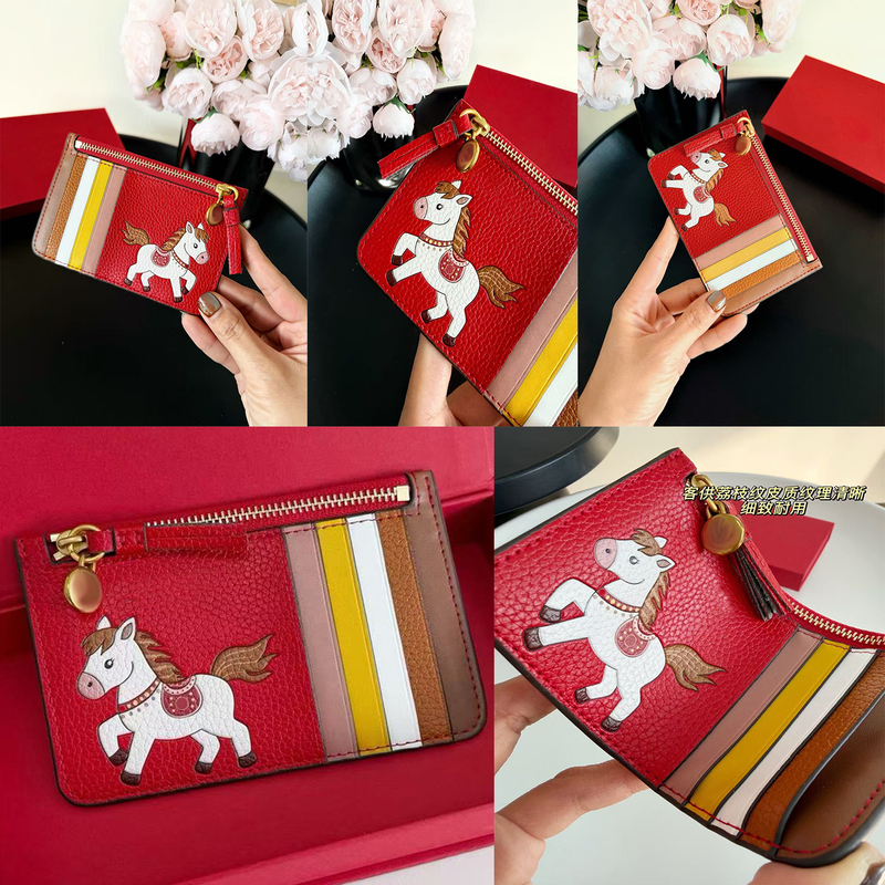 2026 Red Zodiac Year of the Horse Wallet, Cowhide Leather, Women's Multi-Card Slot Tb Cartoon Little Horse Zipper Card Holder Coin Purse for Women