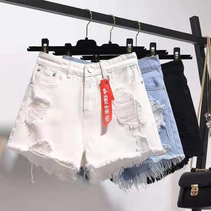 Special fat plus size women's denim shorts Women's 200 pounds fat MM summer hole high waist wide pants hot pants