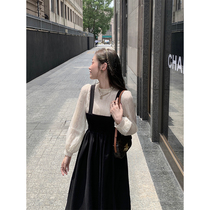 cchen Chen Chen_French sweet suspender dress female 2022 early autumn new retro waist black suspender skirt