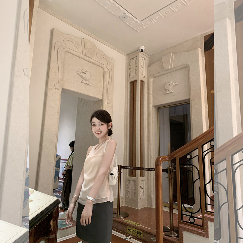 Cchenchen-Flowing Mist Silk Acetate Flutter Neck Sleeveless Top for Women, Summer Loose Tie-Waist Vest