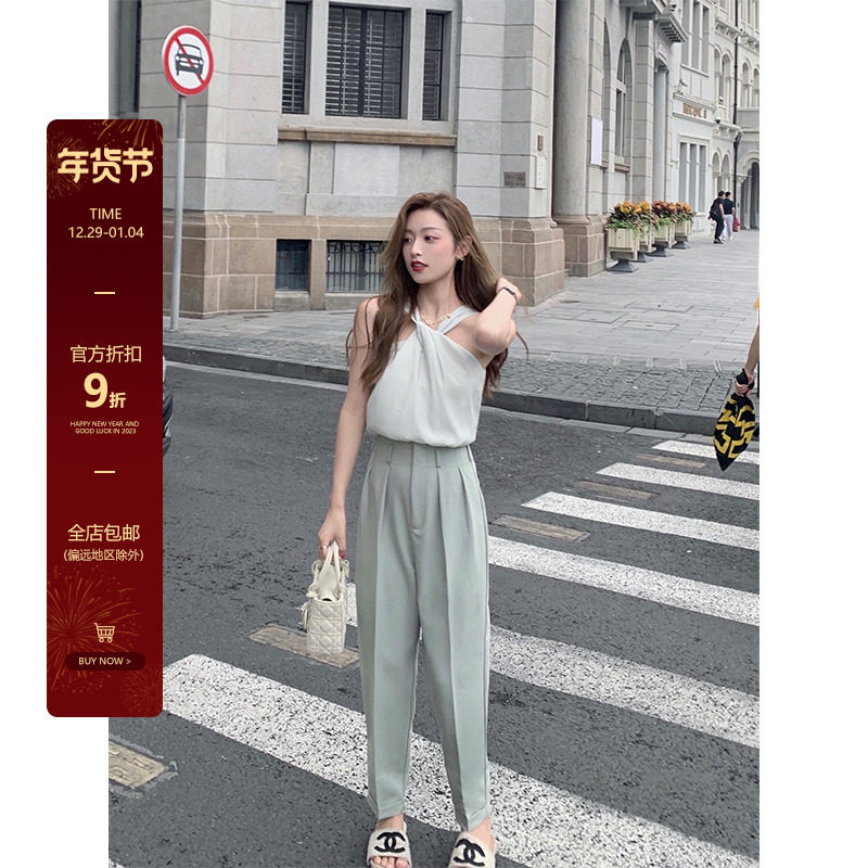 cchen Chen Chen_High waist suit pants women's drape feeling thin 2022 summer new straight tube thin radish casual pants