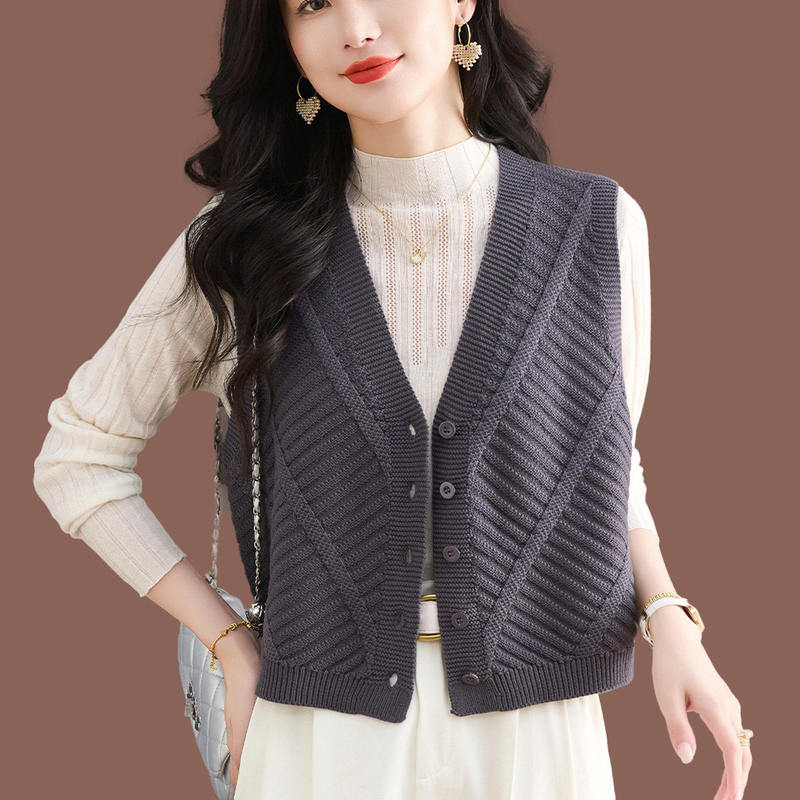 V-Neck Knitted Vest Cardigan Sleeveless Vest for Women, Short Style, New Spring and Autumn Layered Vest Sweater, Sleeveless Top
