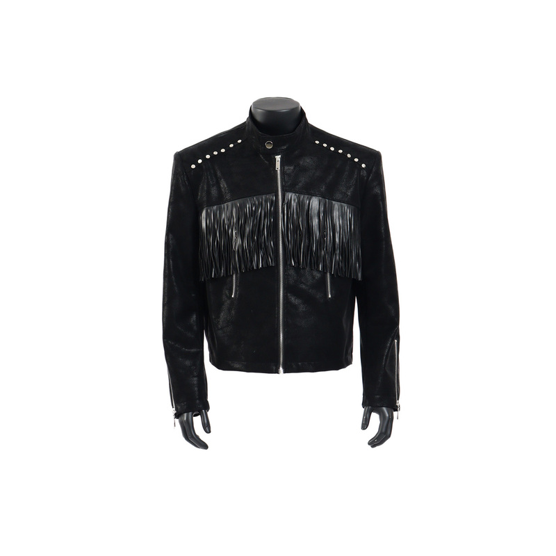Starlit Sky High-End Tassel Design Short Leather Jacket for Men with Stand Collar and Rivet Accents, Stylish and Cool Outerwear Starlit Sky High-End Tassel Design Short Leather Jacket for Men with Stand Collar and Rivet Accents, Stylish and Cool Outerwear