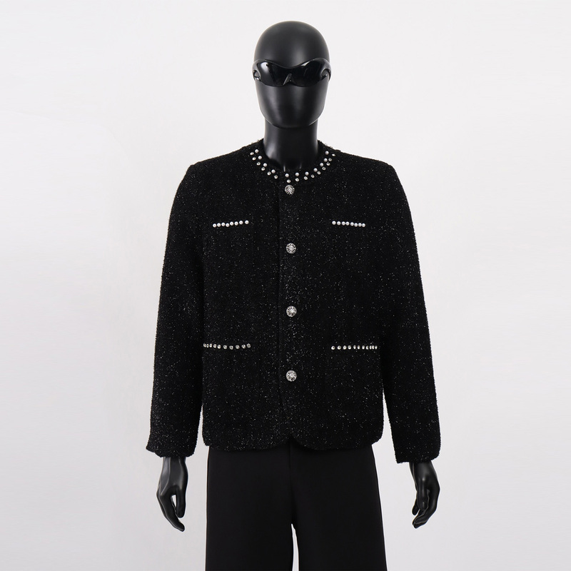 Starlit Sky Starry Sky Short Jacket for Men with Sparkling Rhinestones, Designer Style, Chanel-Inspired Silhouette, Trendy Jacket