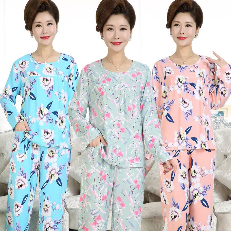 Quần dài trung niên cotton lụa mẹ pijama phụ nữ mùa hè dài tay cotton lụa hai mảnh phù hợp với người trung niên và người già cotton nhân tạo tại nhà - Cha mẹ và con