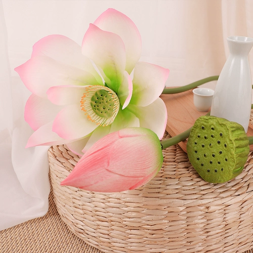 С шестом PU, фальшивые цветы лотоса, настоящие листья лотоса, ландшафт сцены бассейна, реквизит ландшафтной фотографии украшения