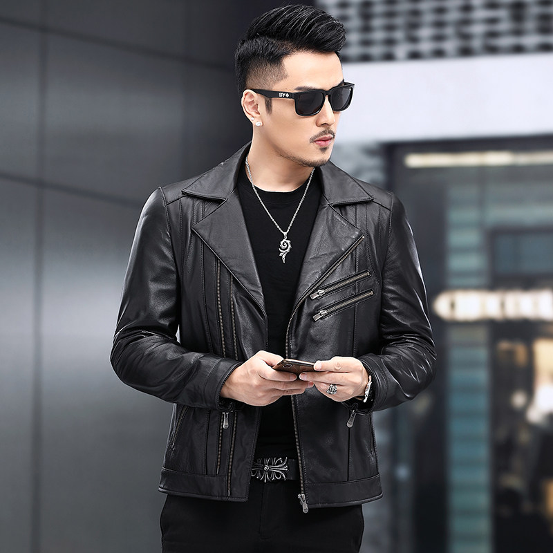 Haining leather men's short single-layer leather slim first layer calf leather A Qiang locomotive jacket spring and autumn coat